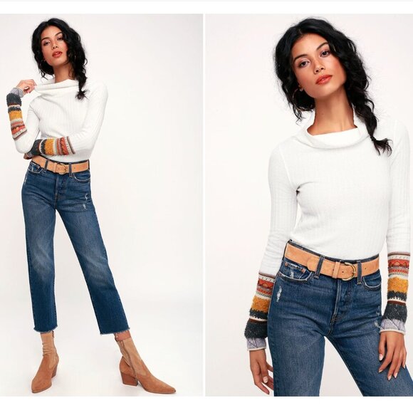 Free People Mixed Up Cuff Ivory Thermal Long Sleeve Top in Ivory - Picture 1 of 5